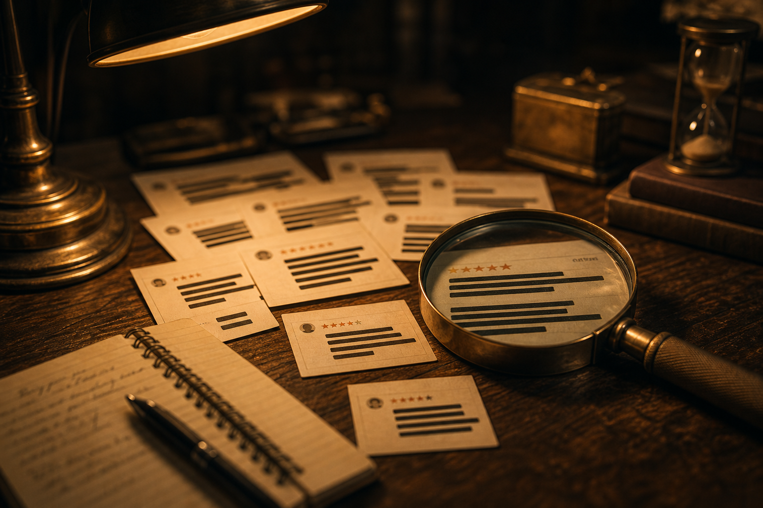 Warm desk scene with notes, reviews, and a magnifying glass