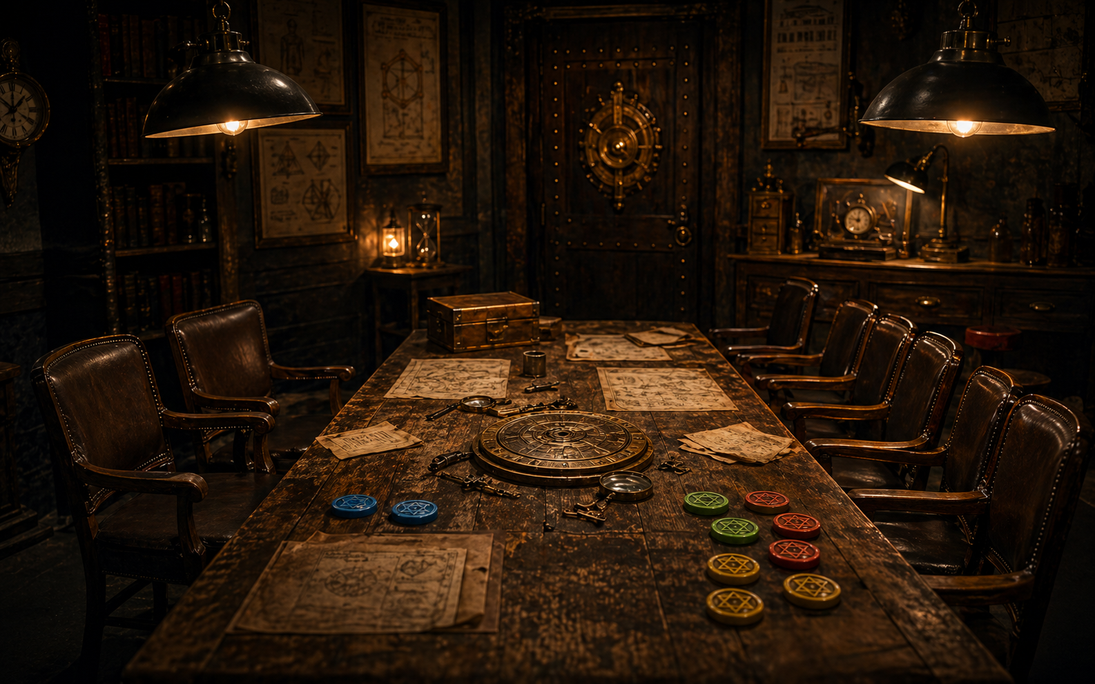 Escape room team planning scene