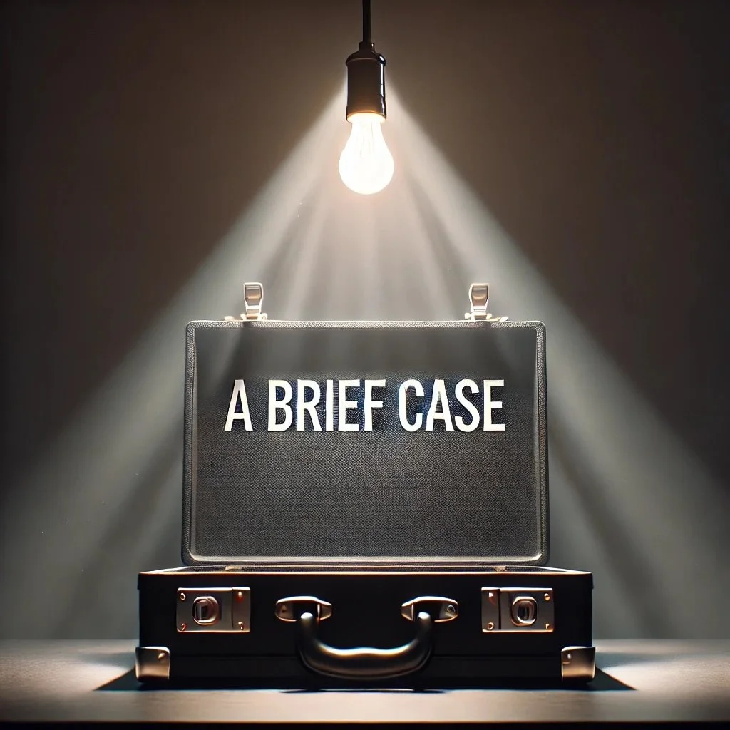 A black briefcase with the words "A BRIEF CASE" written on it, with a light bulb hanging above casting a spotlight.