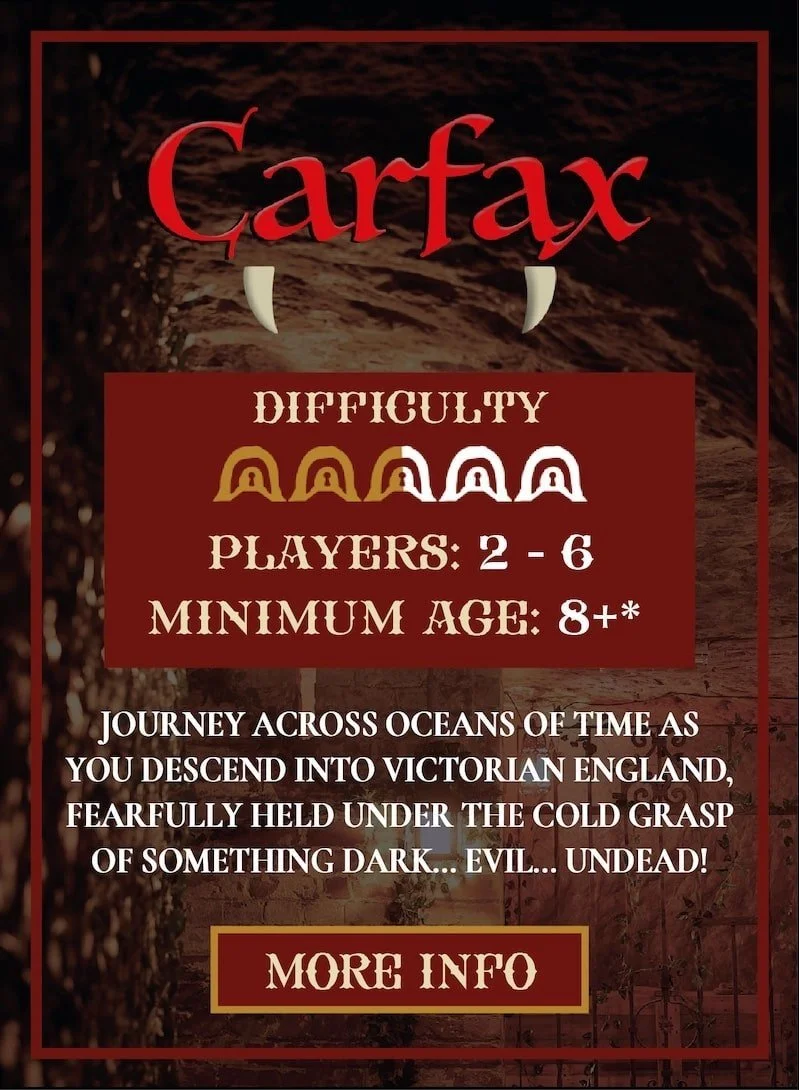 CARFAX - Difficulty 2.5/5 Players 2-6 Minimum age 8+ Journey across oceans of time as you descend into victorian england, fearfully held under the cold grasp of something dark...ev