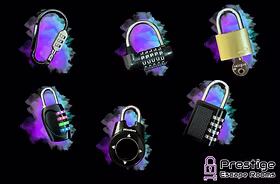 Photographs of different padlocks used in our online escape rooms. Key, directional, combination