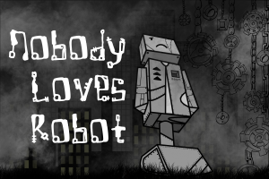 Nigel standing next to 'Nobody Loves Robot' sign with city buildings and misty fog in the background