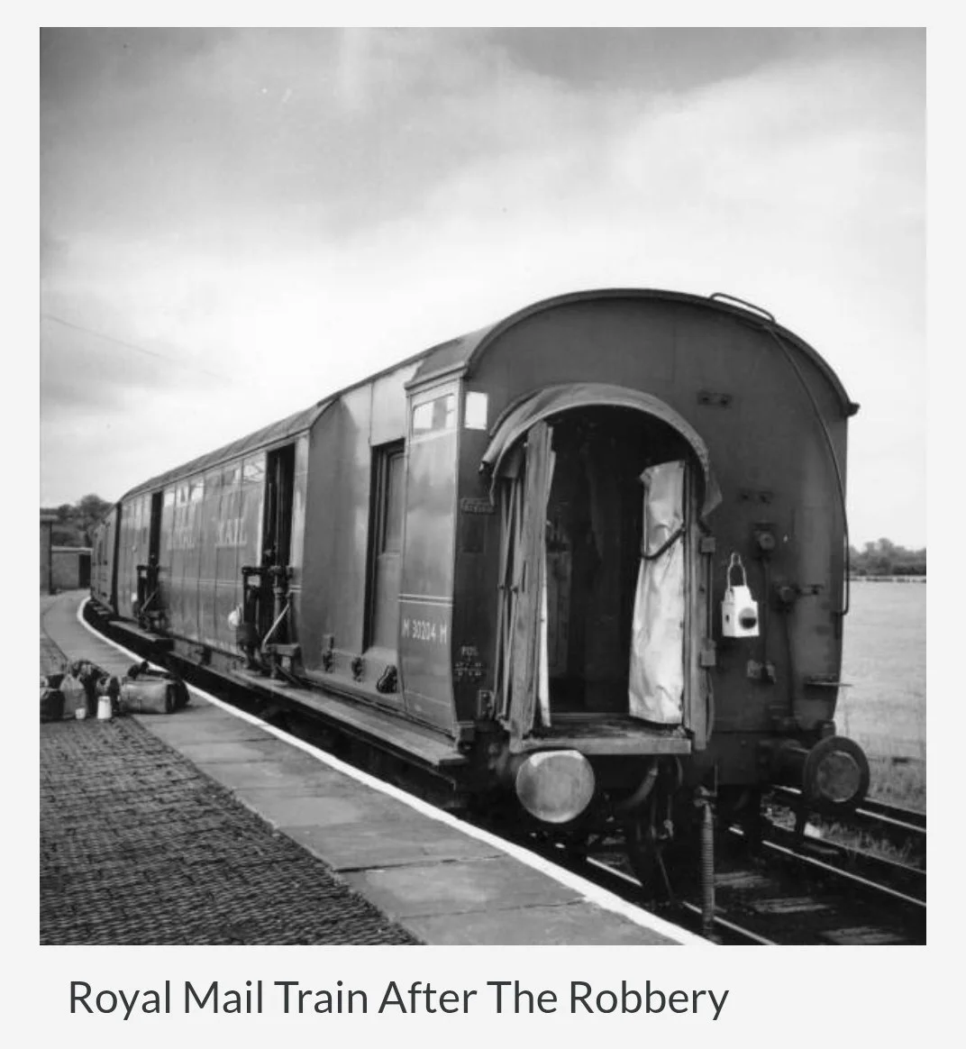 Photo from 1963 of the train involved in the The Great Train Robbery and Police investigating the crime scene